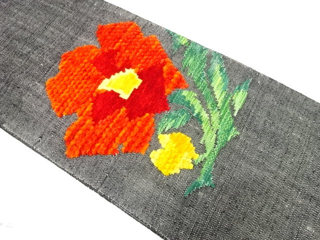 手織り真綿紬　花模様織り出し　名古屋帯